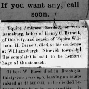 Squire Ambrose Barnett obituary Williamsburgh Nineveh Twnshp 1885 May 21